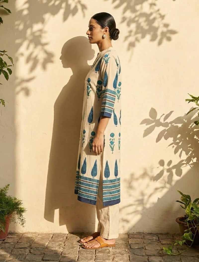 trueBrowns طقم كورتا بنطال ودوباتا مزخرف باللون الأزرق العاجي من trueBrowns - Image 3